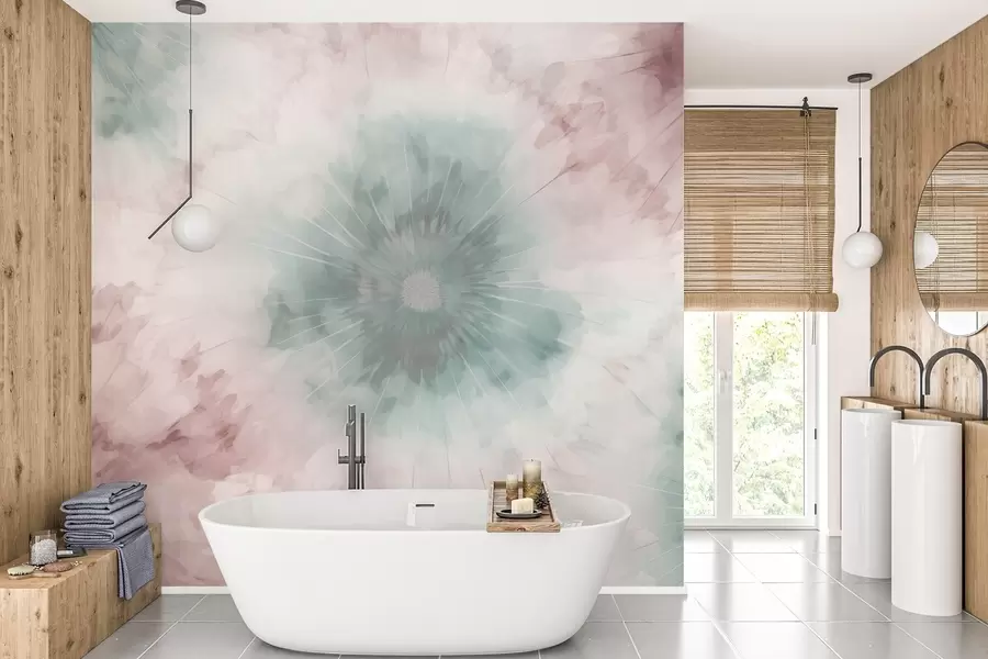 murales de pared Motivo radial de acuarela que mezcla verdes brumosos y rosas polvorientos, evocando la suavidad del rocío matutino y el primer soplo del día w04036v2