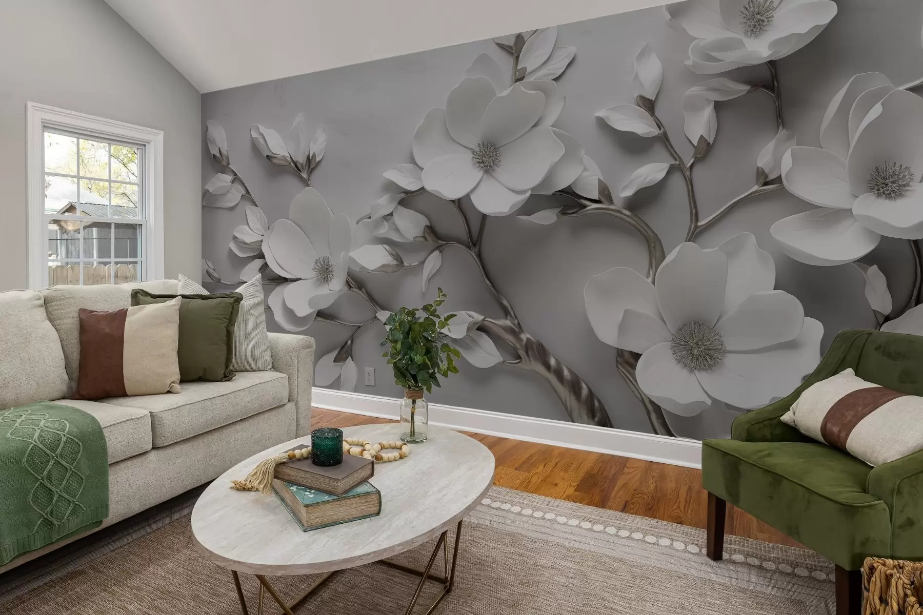 murales de pared Rama floral dimensional en blanco puro y tonos neutros w04039v2
