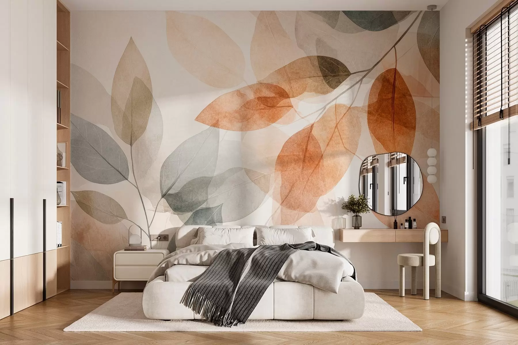 murales de pared hojas estilo acuarela en tonos sepia y grises w04024