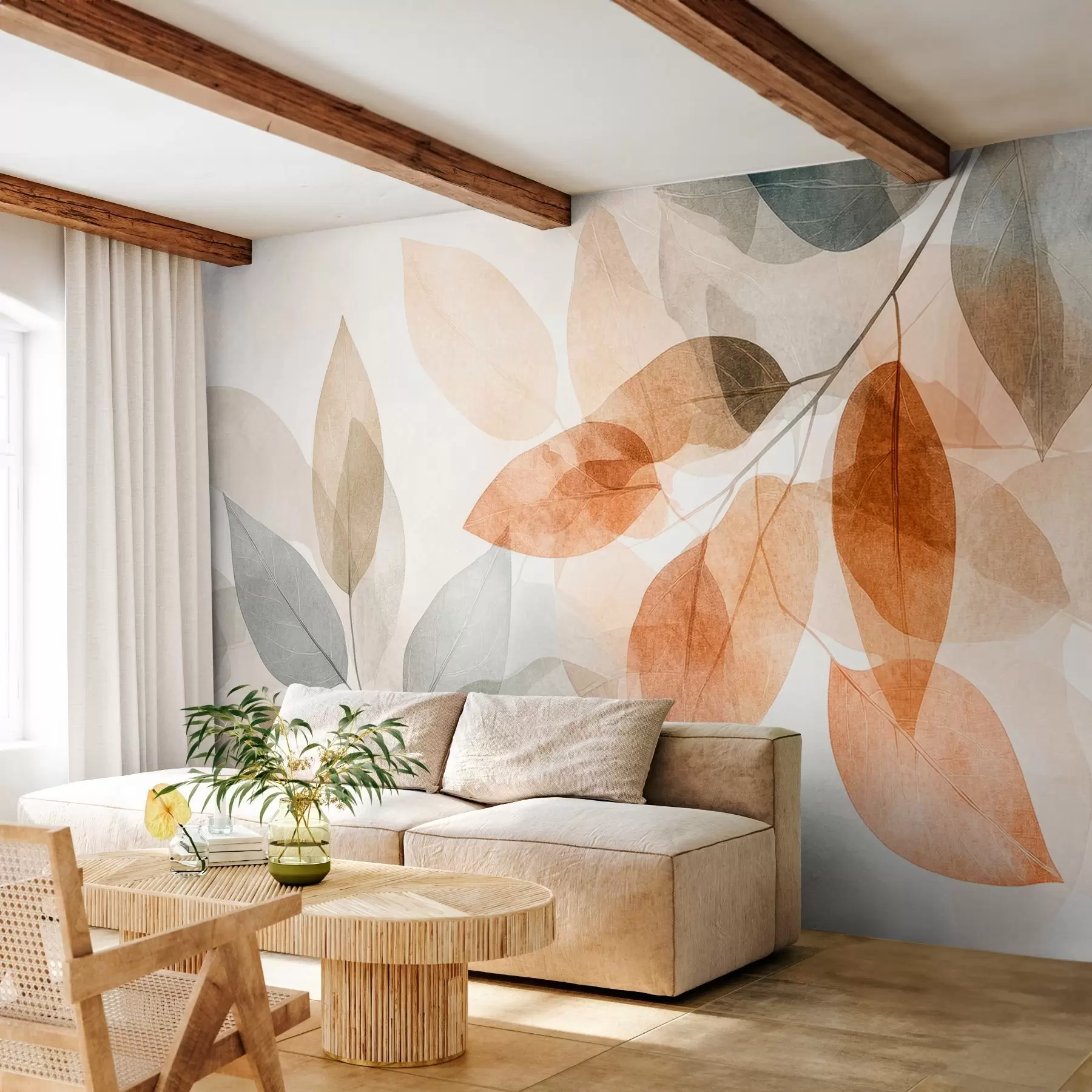 murales de pared hojas estilo acuarela en tonos sepia y grises w04024