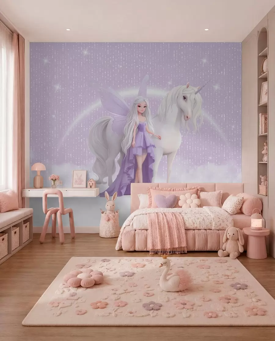 murales de pared Un hada con un unicornio entre las nubes w03527