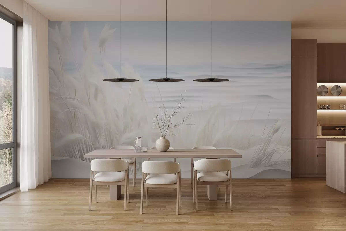 murales de pared Paisaje con hierba de pampa blanca sobre una duna de arena, con un océano azul claro de fondo, estilo suave y minimalista w09132
