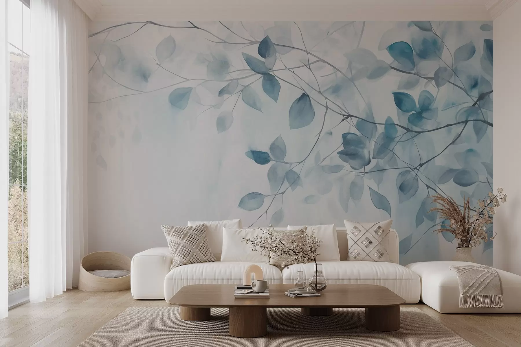 murales de pared Pintura en acuarela con textura imitando hojas y ramas azules, colores suaves, detalles delicados sobre fondo blanco w09133v1