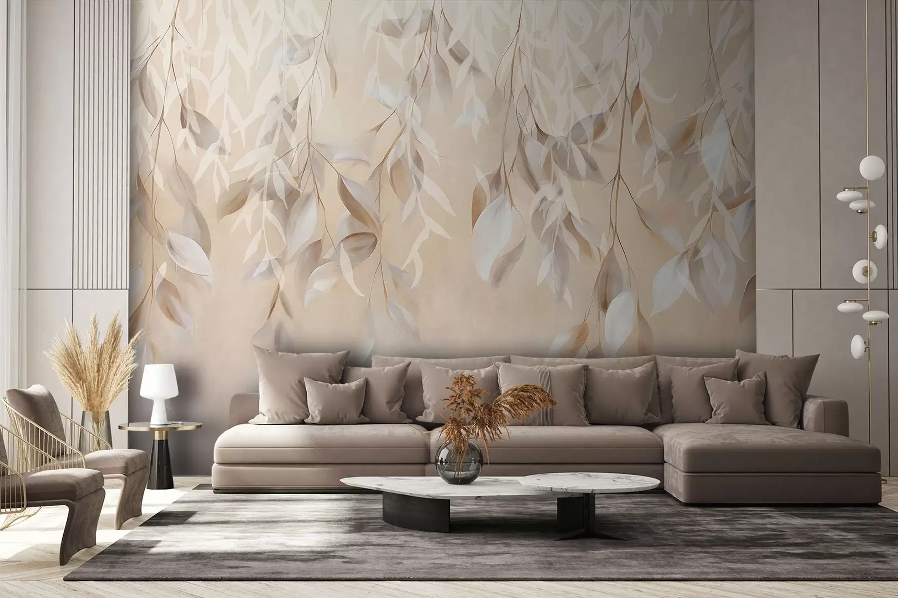 murales de pared Hojas colgantes de textura blanca y beige con una suave paleta de colores, melocotón, gris y blanco delicado de fondo w09136