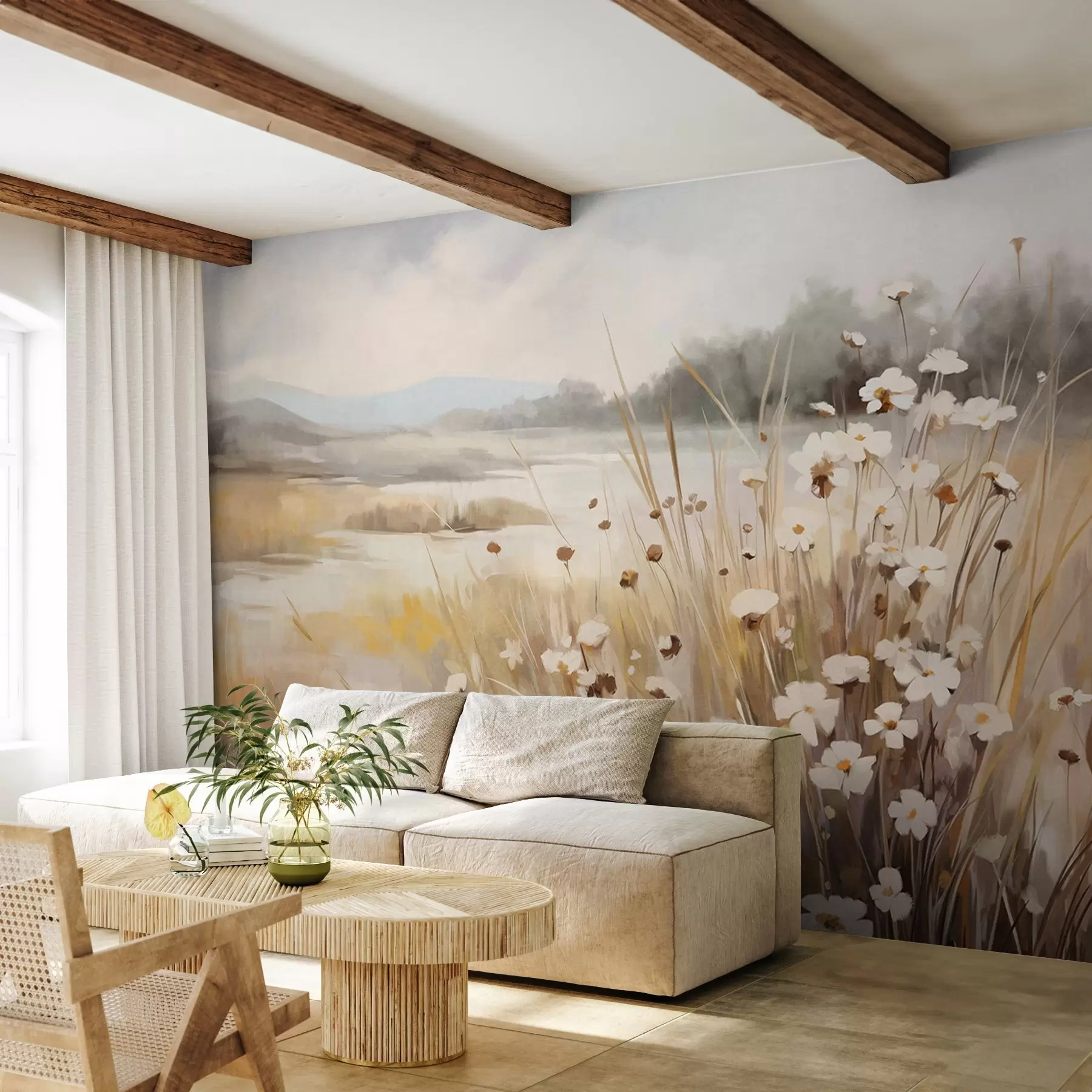 murales de pared Campo de hierba alta y margaritas blancas, árboles al fondo, bajo un cielo nublado, paisaje con textura, pinceladas suaves w09139