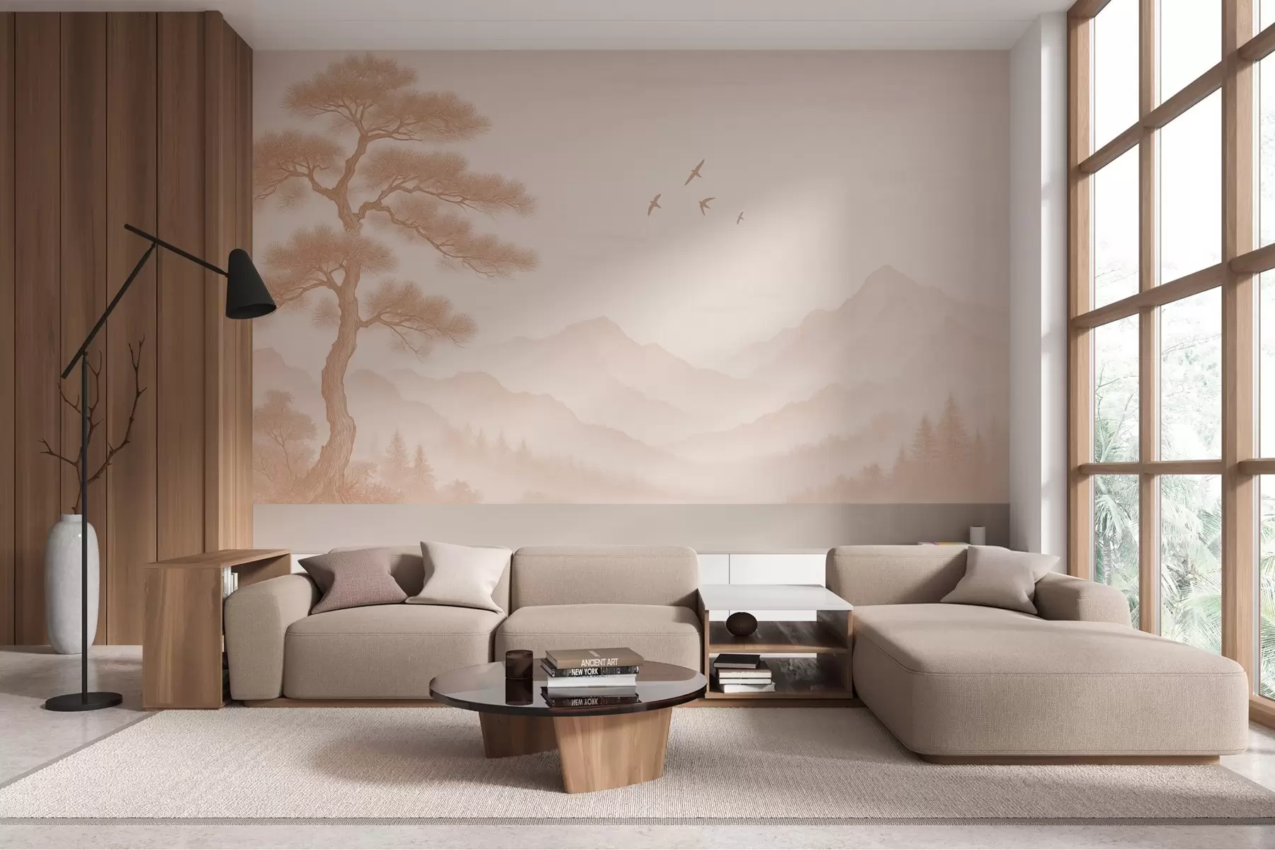 murales de pared panorama de colinas con un gran árbol en tonos moca w04033v1