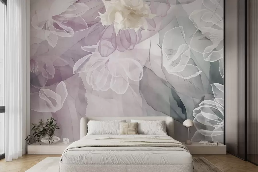 murales de pared Flores y hojas con pétalos transparentes en tonos blancos, rosas y verdes, suaves y delicados w09158v1