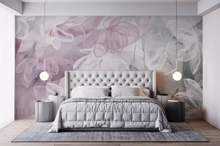 murales de pared Flores y hojas con pétalos transparentes en tonos blancos, rosas y verdes, suaves y delicados w09158v1