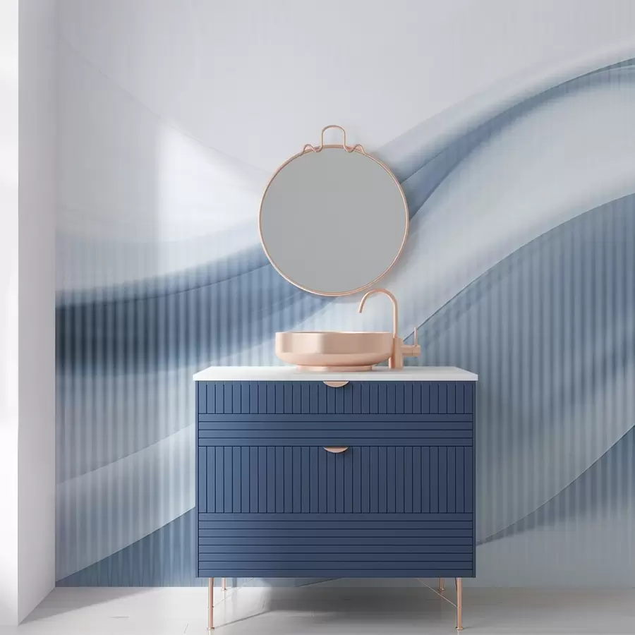murales de pared Estampado abstracto con líneas fluidas y sutiles rayas verticales, que crean una sensación de movimiento y profundidad, paleta azul w09189v1