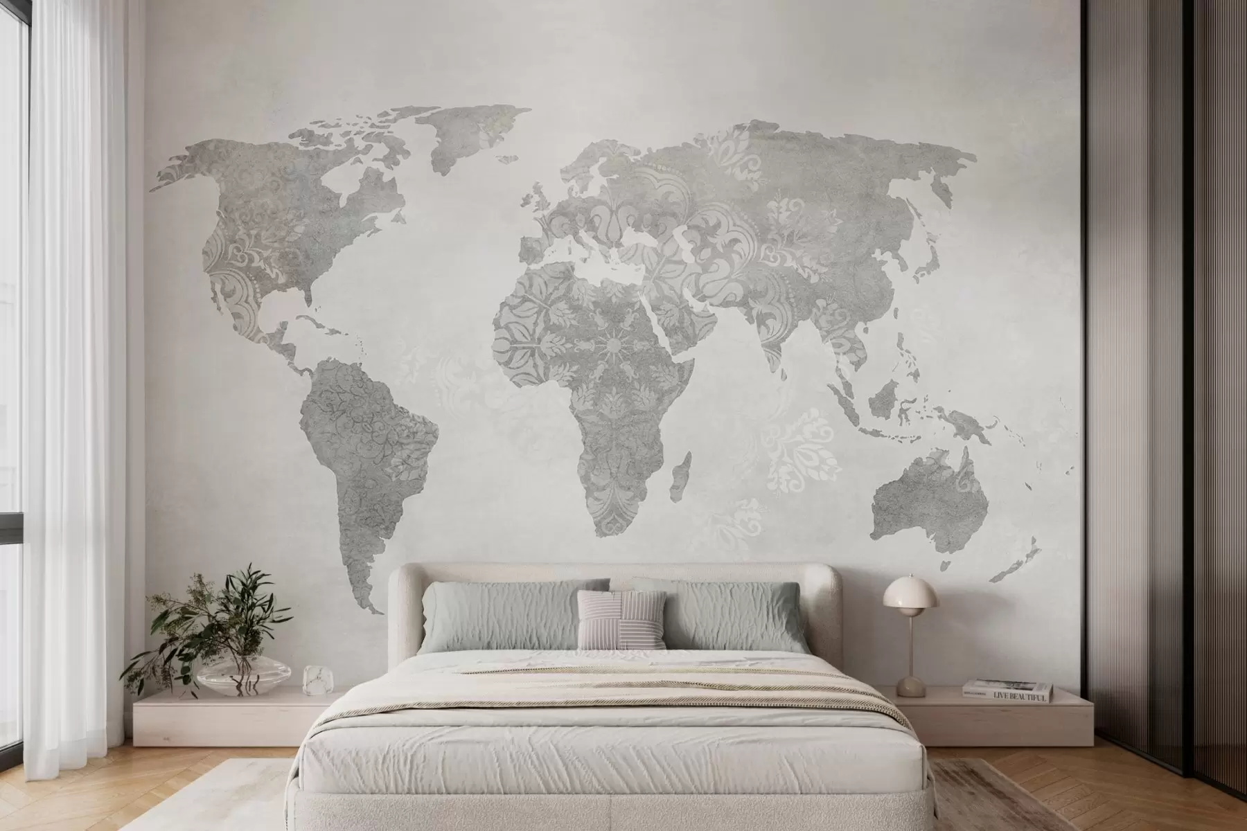 murales de pared Mapamundi con motivos, tonos monocromos w03954v1