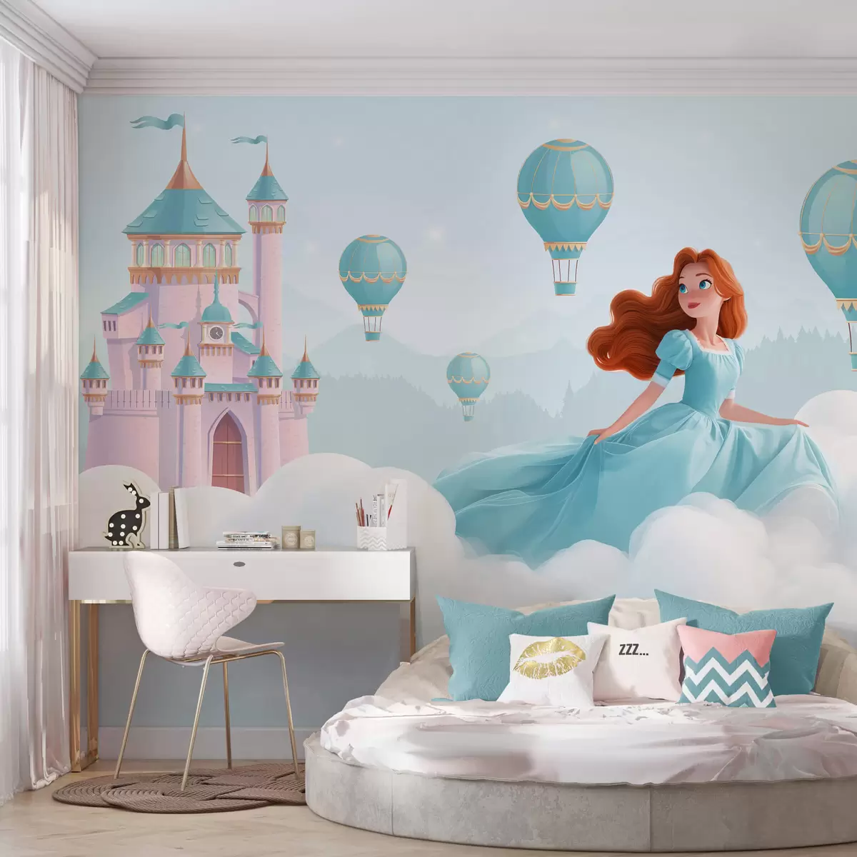 murales de pared Princesa entre las nubes sobre el fondo del paisaje con el castillo w04015