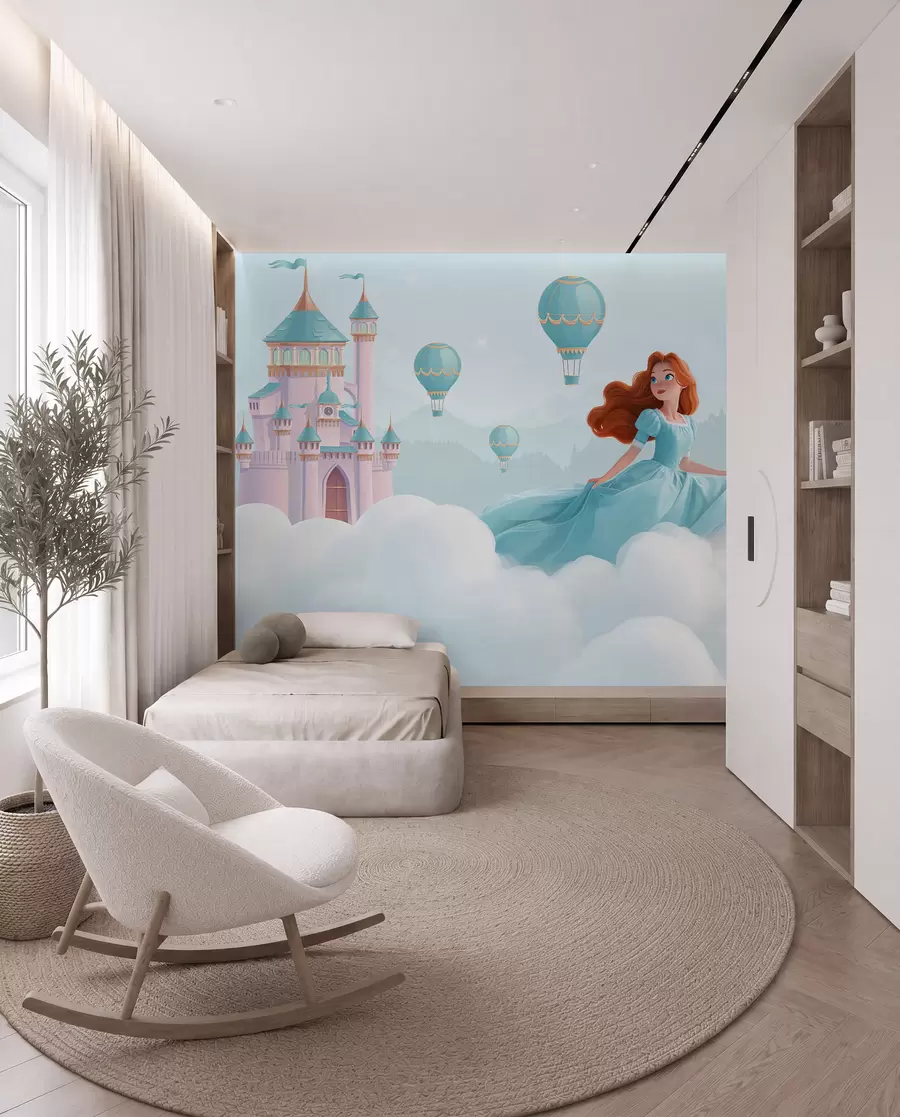 murales de pared Princesa entre las nubes sobre el fondo del paisaje con el castillo w04015