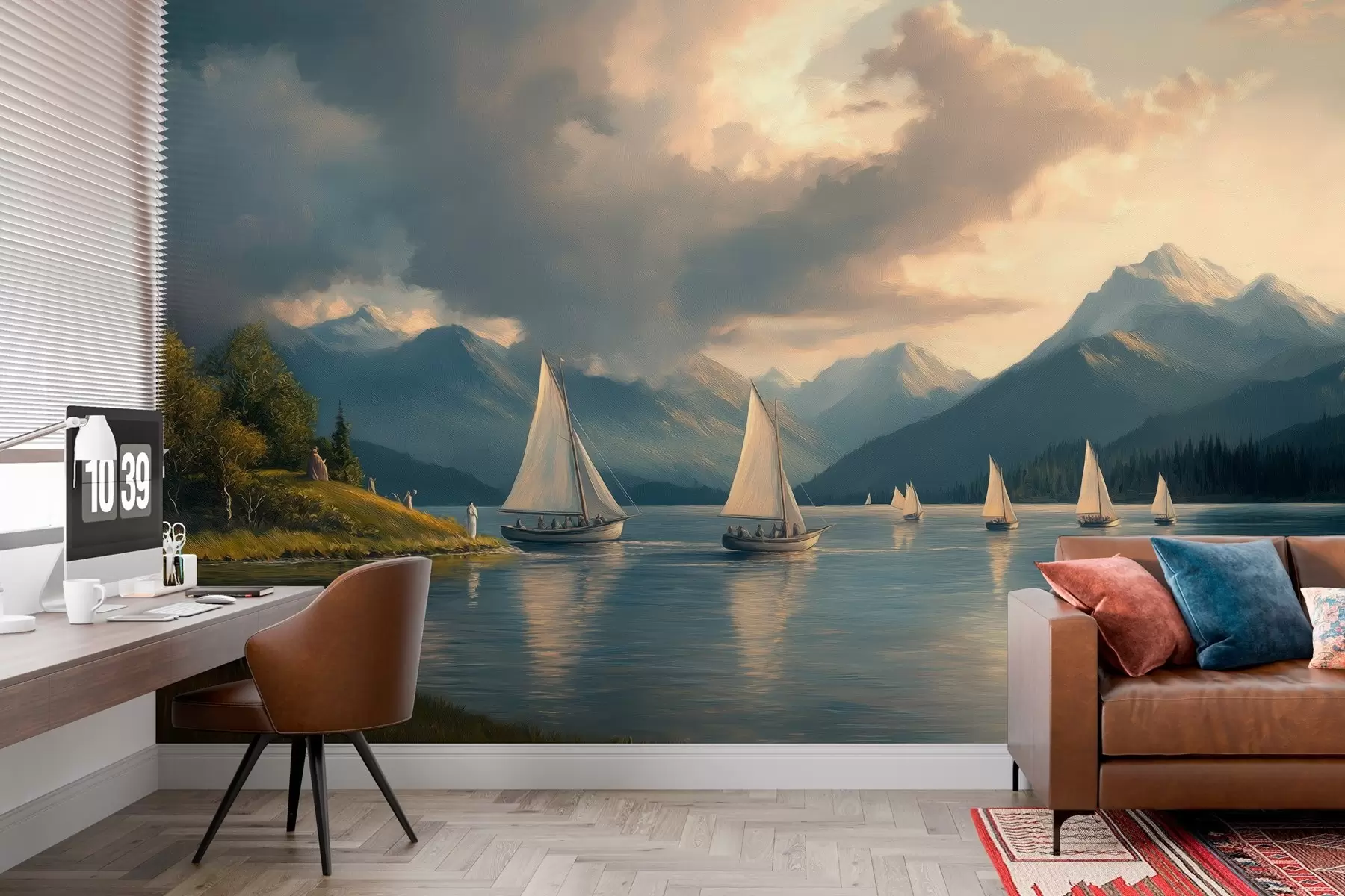 murales de pared regata en un lago con cielo nublado al estilo de un óleo del siglo XIX w04076