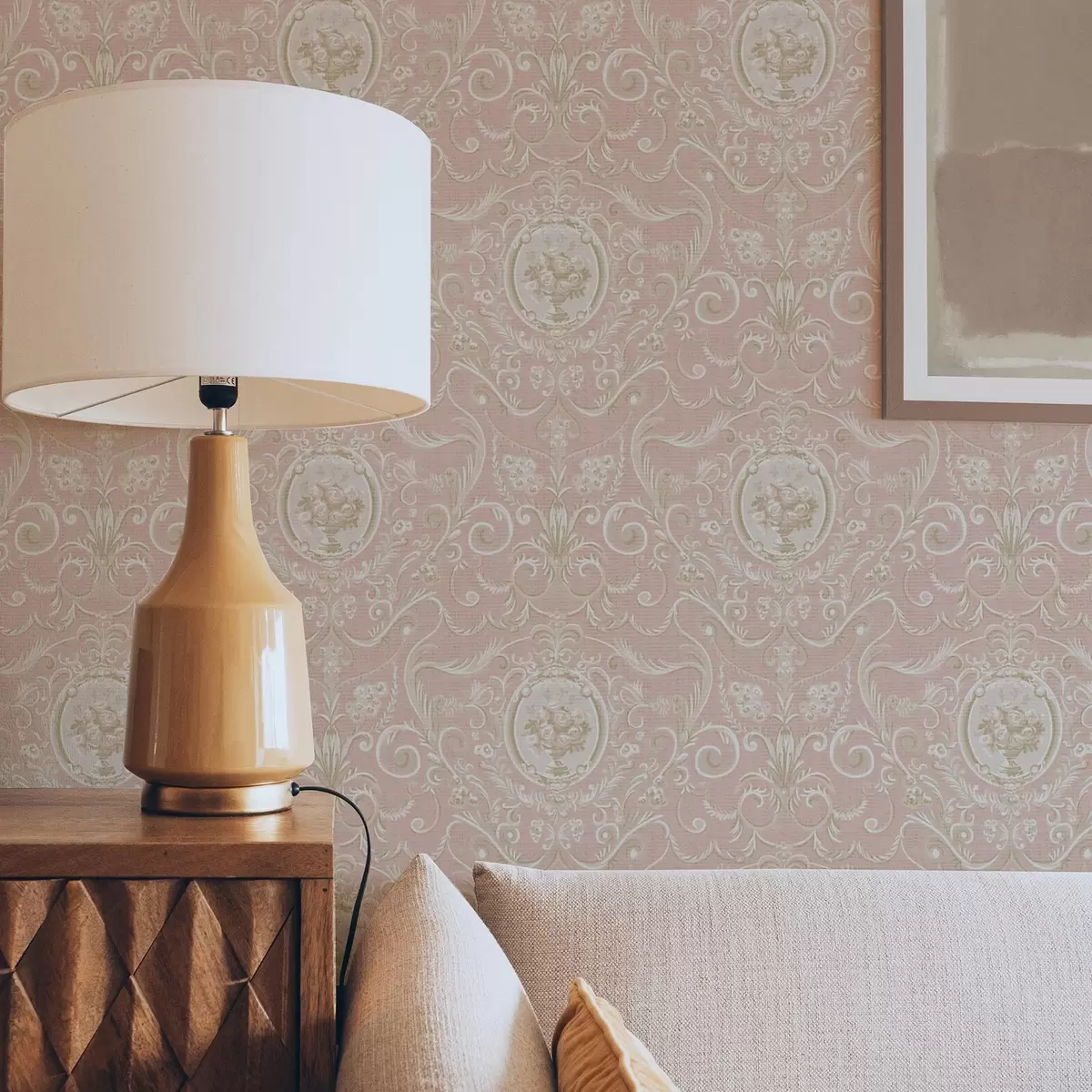 Papel pintado Estampado clásico rosa con medallones y flores a00185