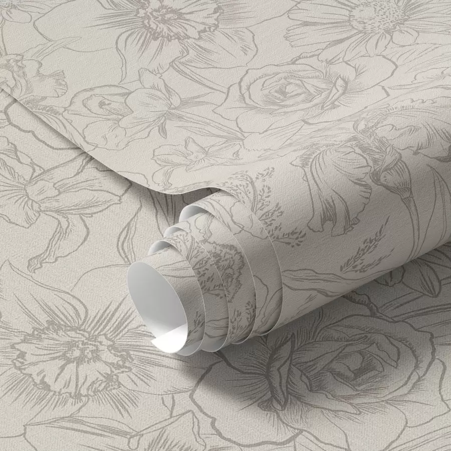 murales de pared Flores de contorno sobre fondo crema, delicado motivo floral a00218