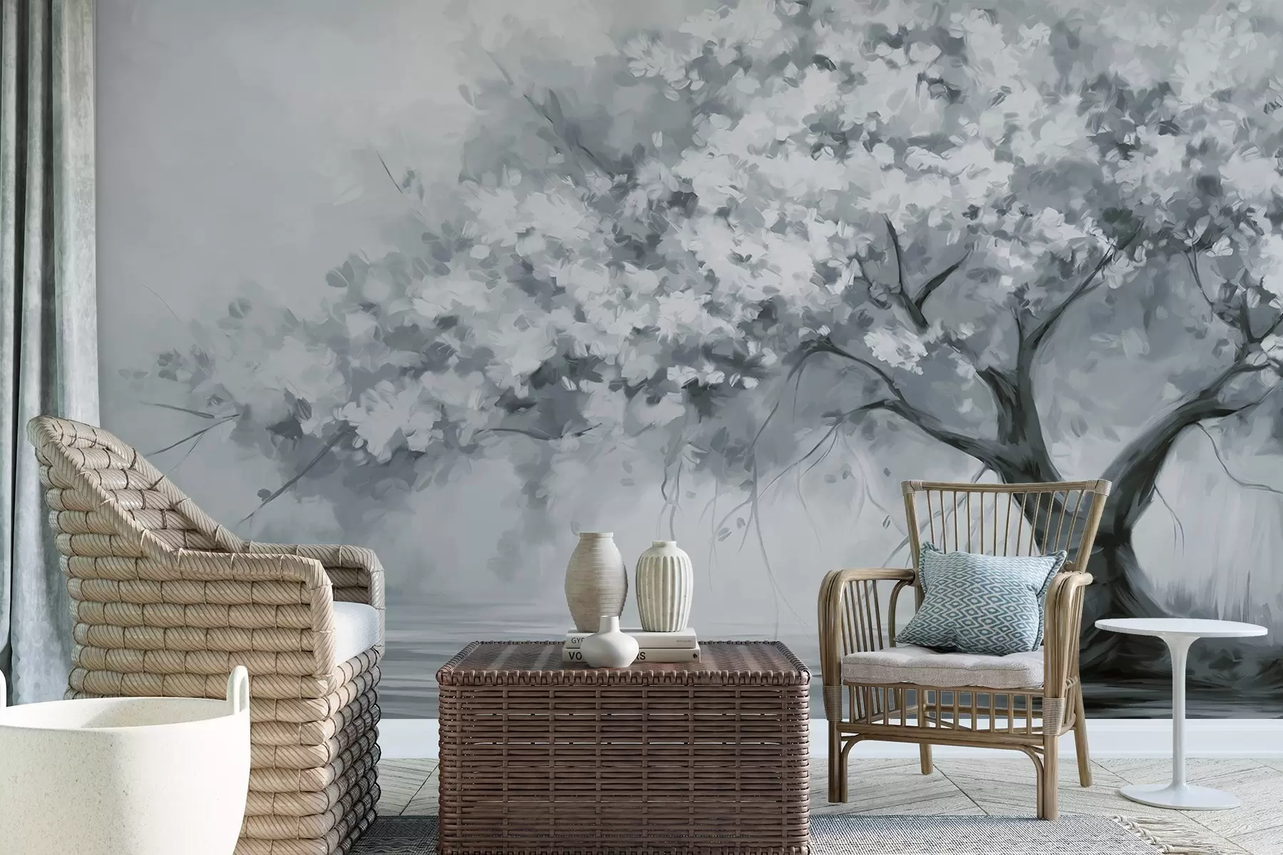 murales de pared Abstracto árbol en flor azul apagado en plena floración, junto a un río, pinceladas de textura suave y colores pastel w09193v2