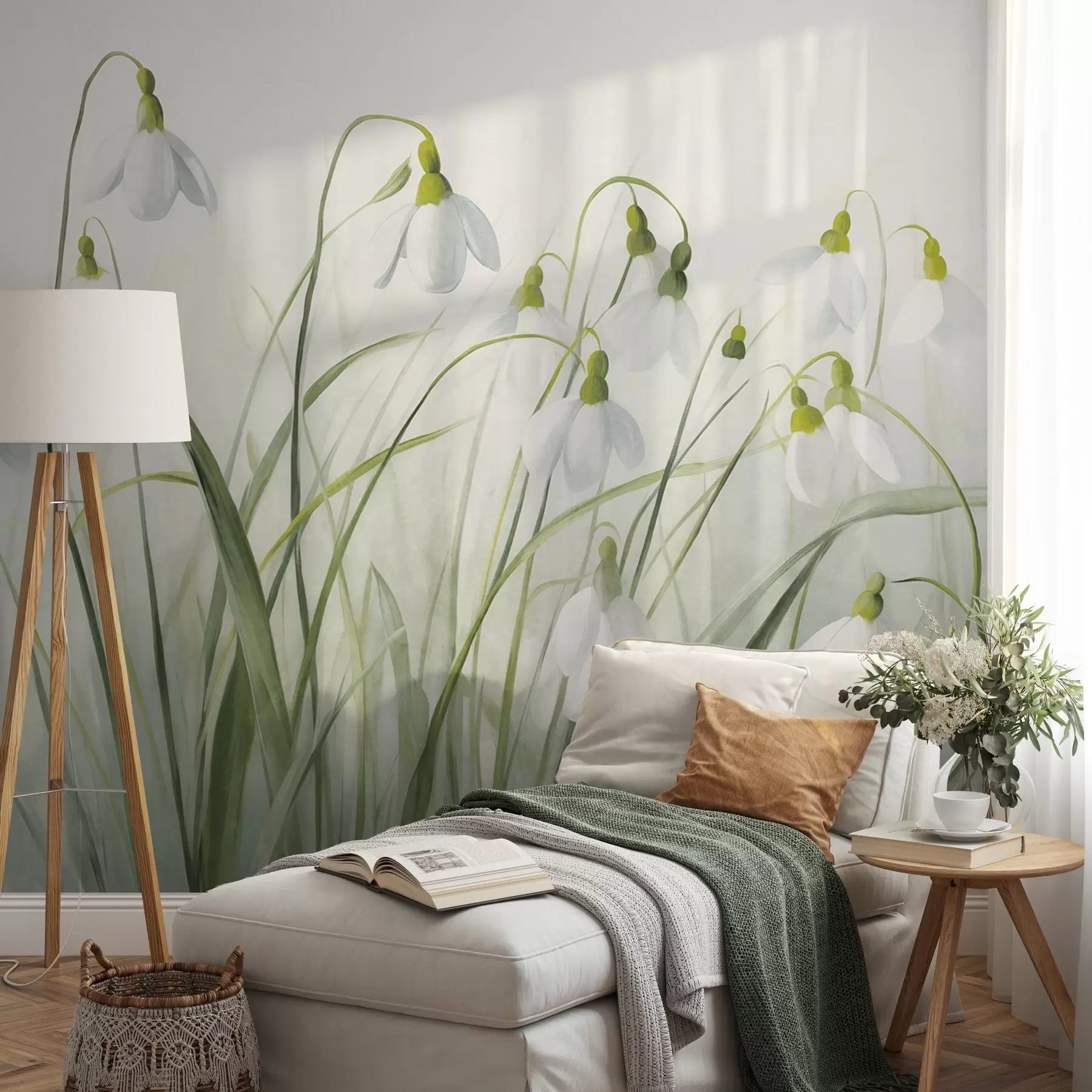 murales de pared Flores de campanillas de invierno con tallos y hojas de textura verde, estilo acuarela primaveral, pinceladas delicadas w09195
