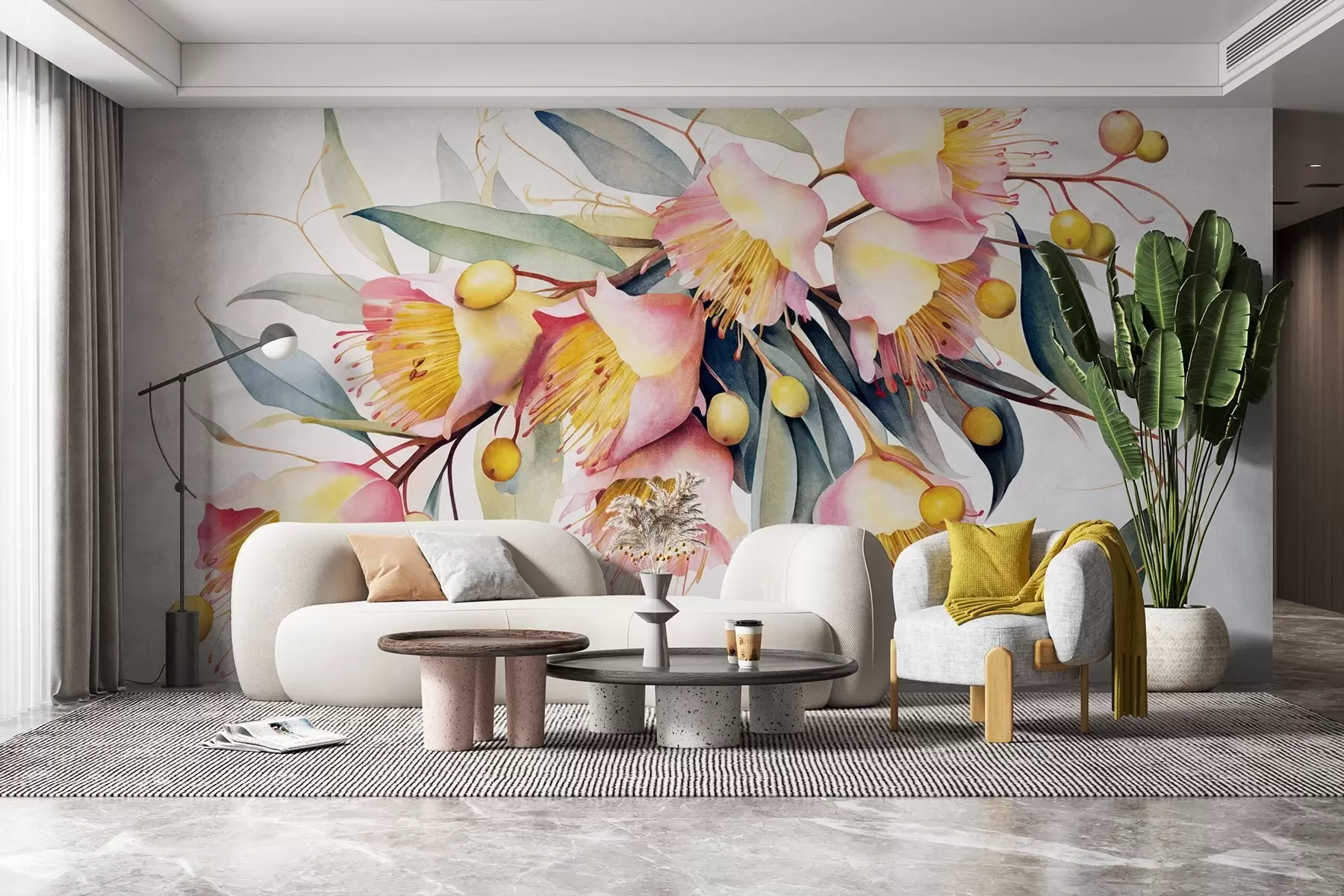 murales de pared Flores de eucalipto con hojas verdes, estilo acuarela, suave y con textura, fondo claro, diseño floral botánico w09202
