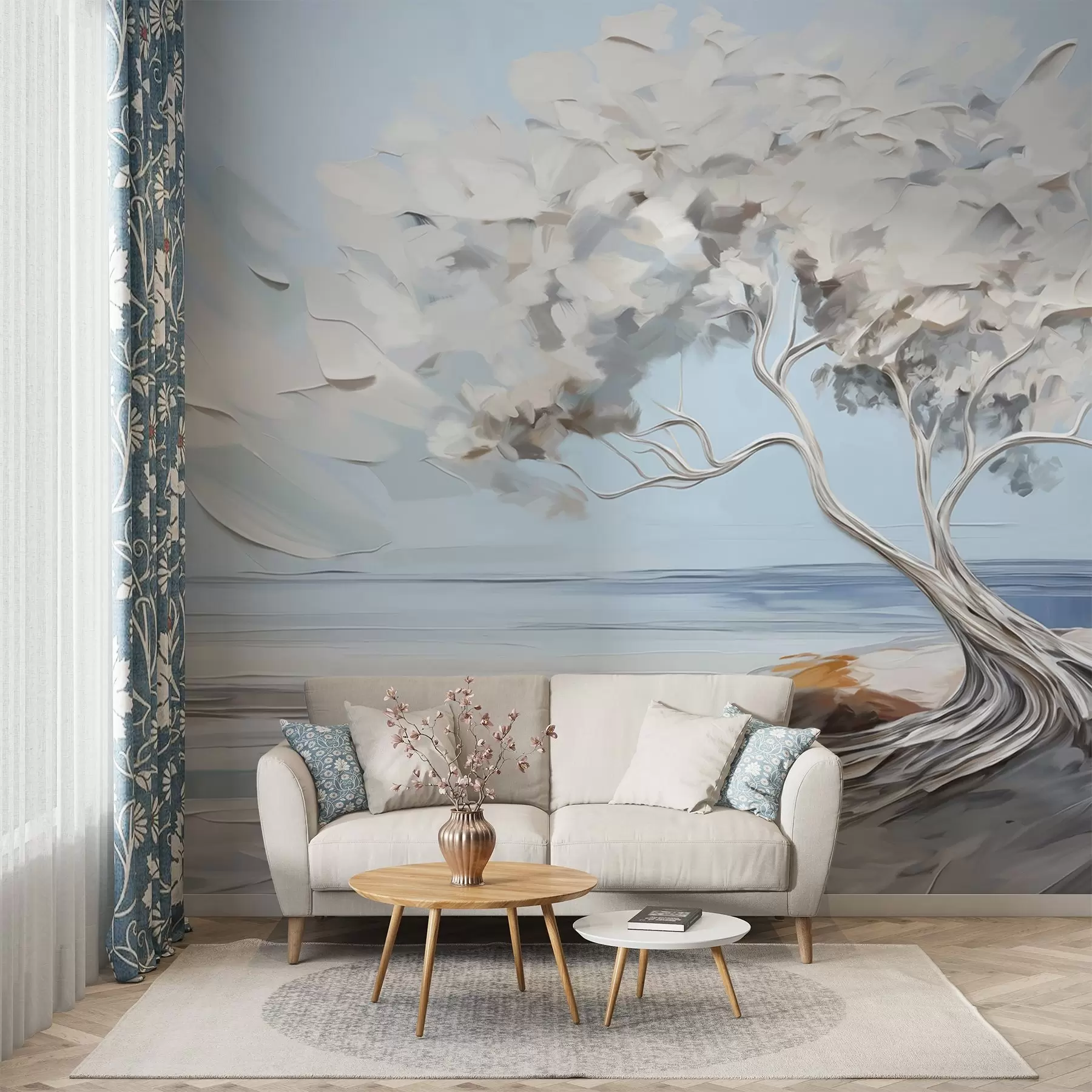 murales de pared Un árbol blanco con hojas gruesas y texturadas en una playa de arena, paisaje con cielo azul claro w09205