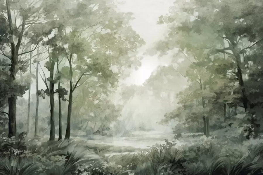 murales de pared Paisaje forestal texturizado, árboles con hojas verdes, paleta de colores pastel w09210v2