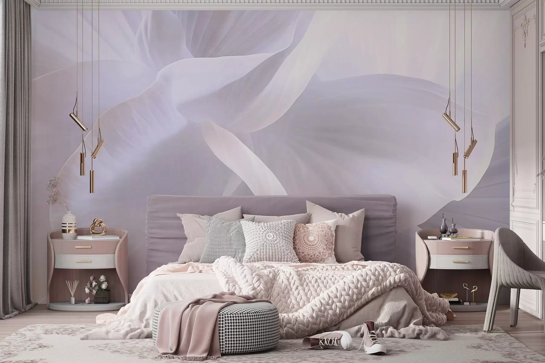 murales de pared Flor abstracta texturizada con delicados pétalos, iluminación suave, composición elegante, estética minimalista w09211