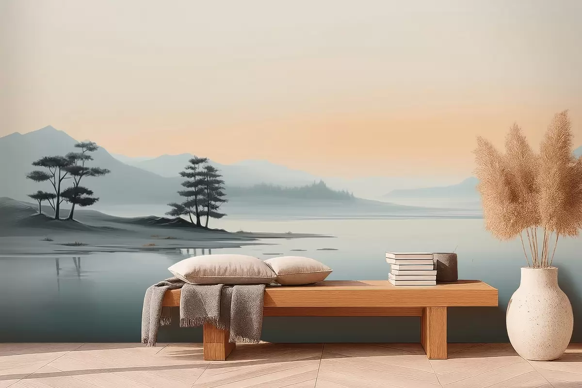 murales de pared Paisaje minimalista con montañas neblinosas y un lago w09151