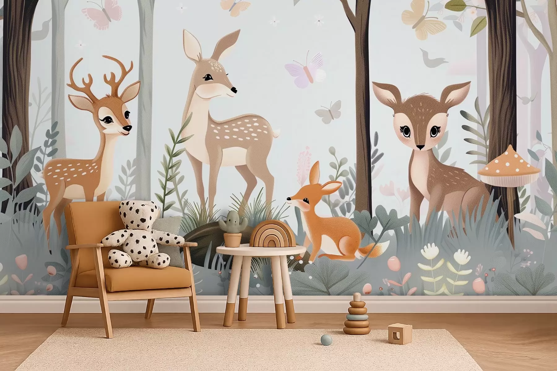 murales de pared Caprichosos animales del bosque en tonos azules w09227v1