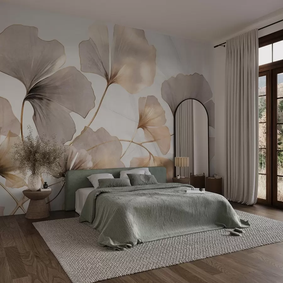 murales de pared Hojas de Ginkgo biloba en tonos beige, amarillo y marrón, delicado efecto de acuarela texturizada, fondo claro w09215