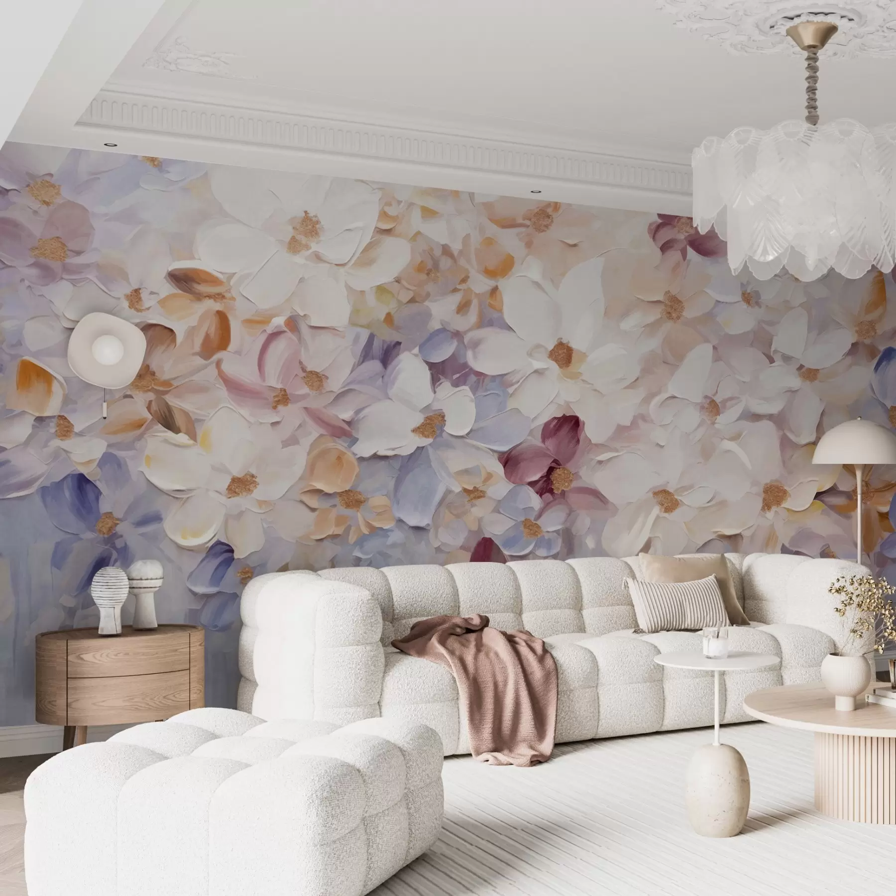 murales de pared Pintura al óleo imitación de un jardín de flores con flores blancas, rosas y naranjas, pinceladas suaves, colores pastel apagados w09236