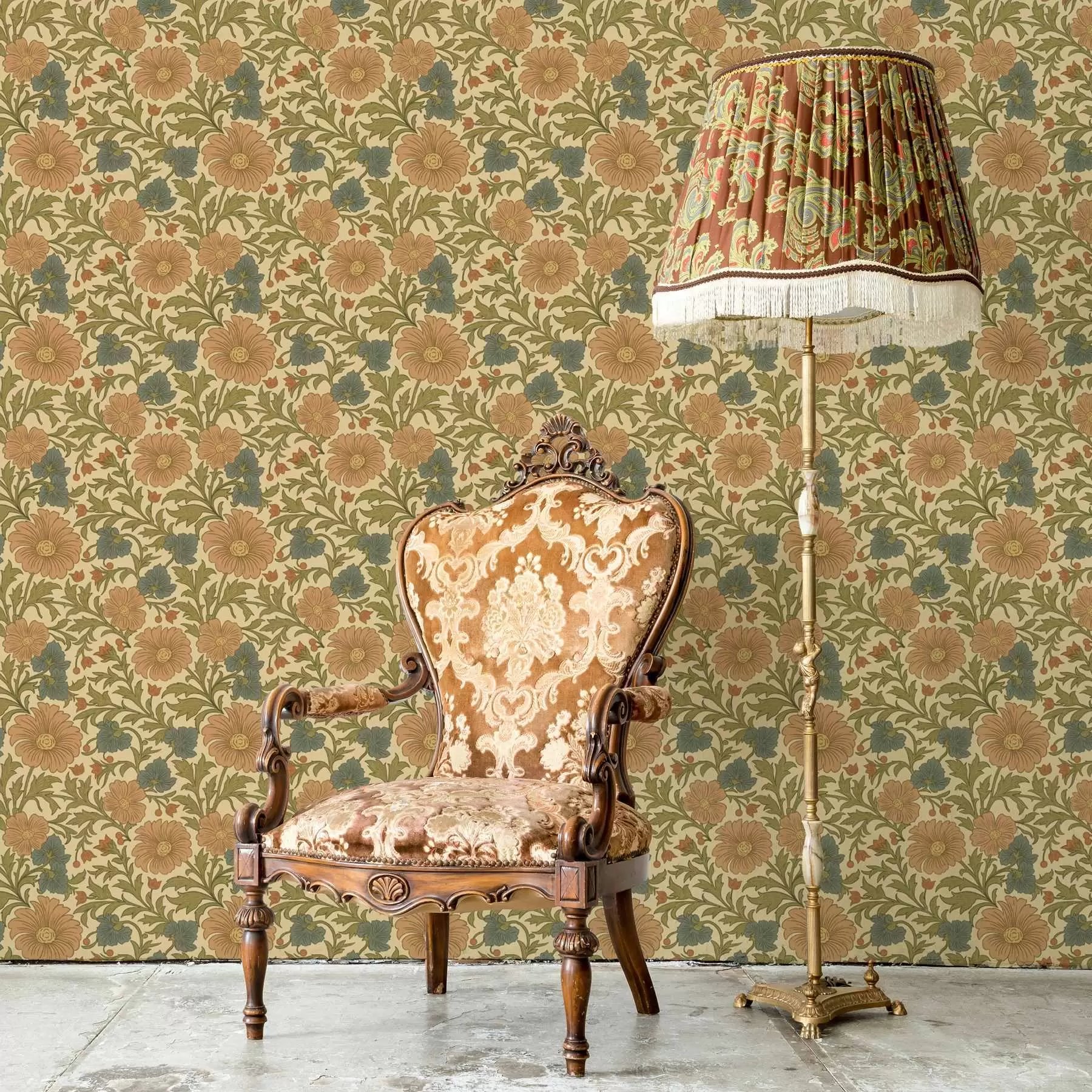 murales de pared Motivo retro con flores naranjas y azules a00245