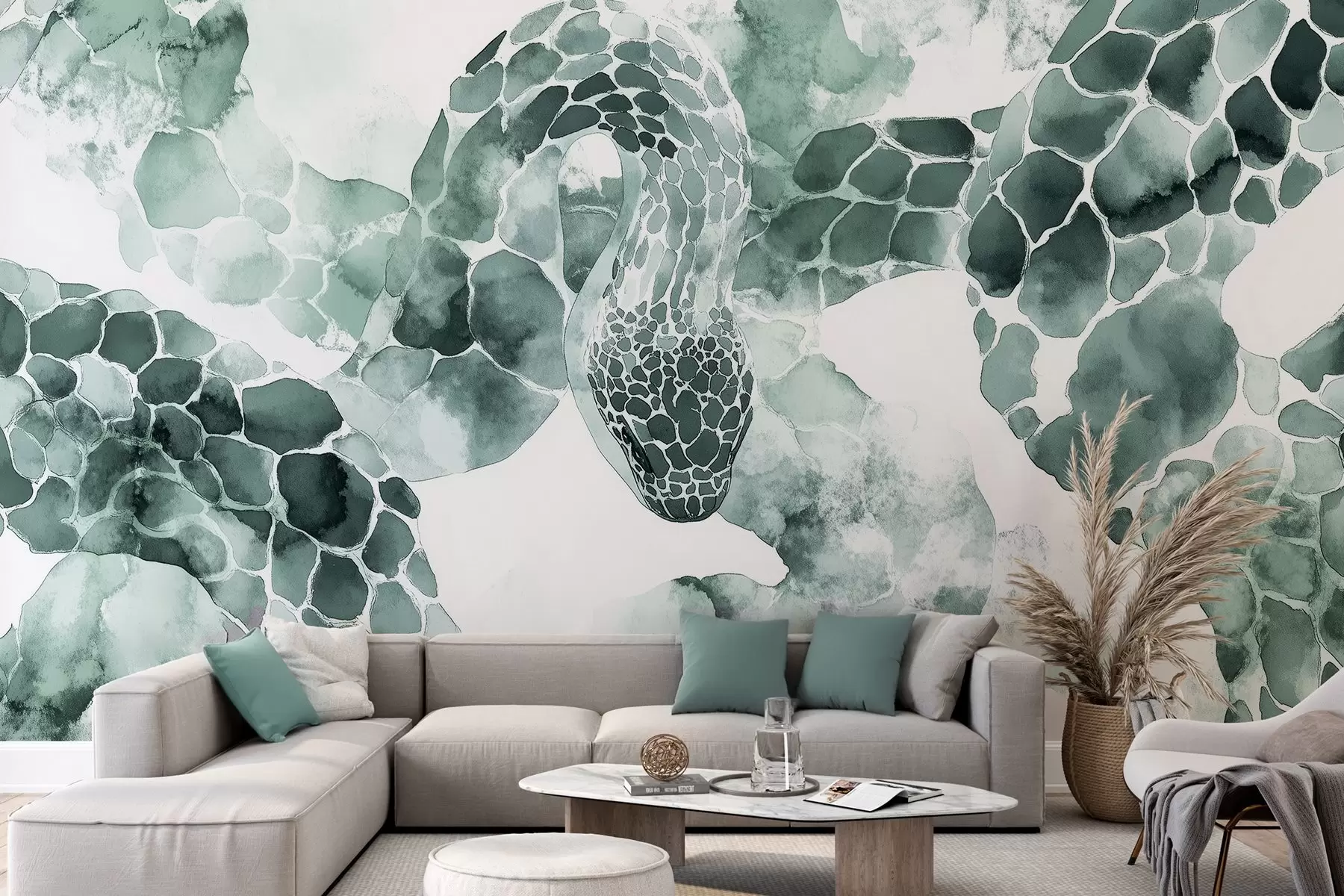 murales de pared Silueta de serpiente, estilo acuarela, colores verdes w04113v2