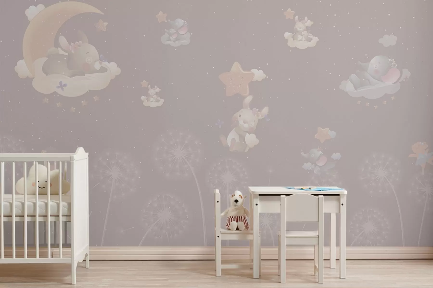 murales de pared Noche de cuento de hadas con conejo y dientes de león sobre fondo rosa w04195v2