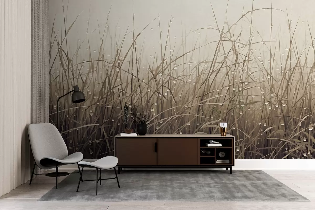 murales de pared Hierba con gotas de agua, tonos marrones apagados, luz suave, fondo brumoso, estilo abstracto minimalista con textura w09217v1