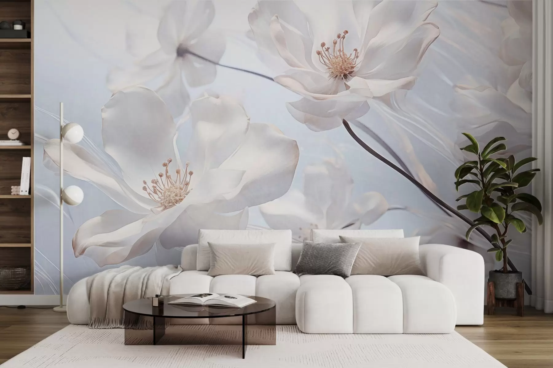 murales de pared Flores blancas transparentes texturizadas con delicados pétalos, fondo azul claro suave, elegante, romántico, de ensueño w09233