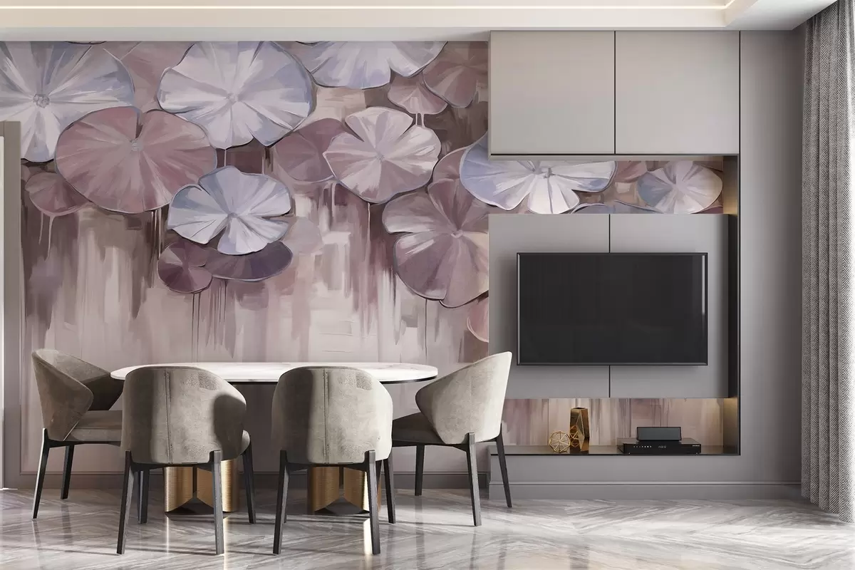 murales de pared Nenúfares texturizados con colores violeta y azul en un estanque, el fondo es una mezcla borrosa de suaves tonos morados w09255v1