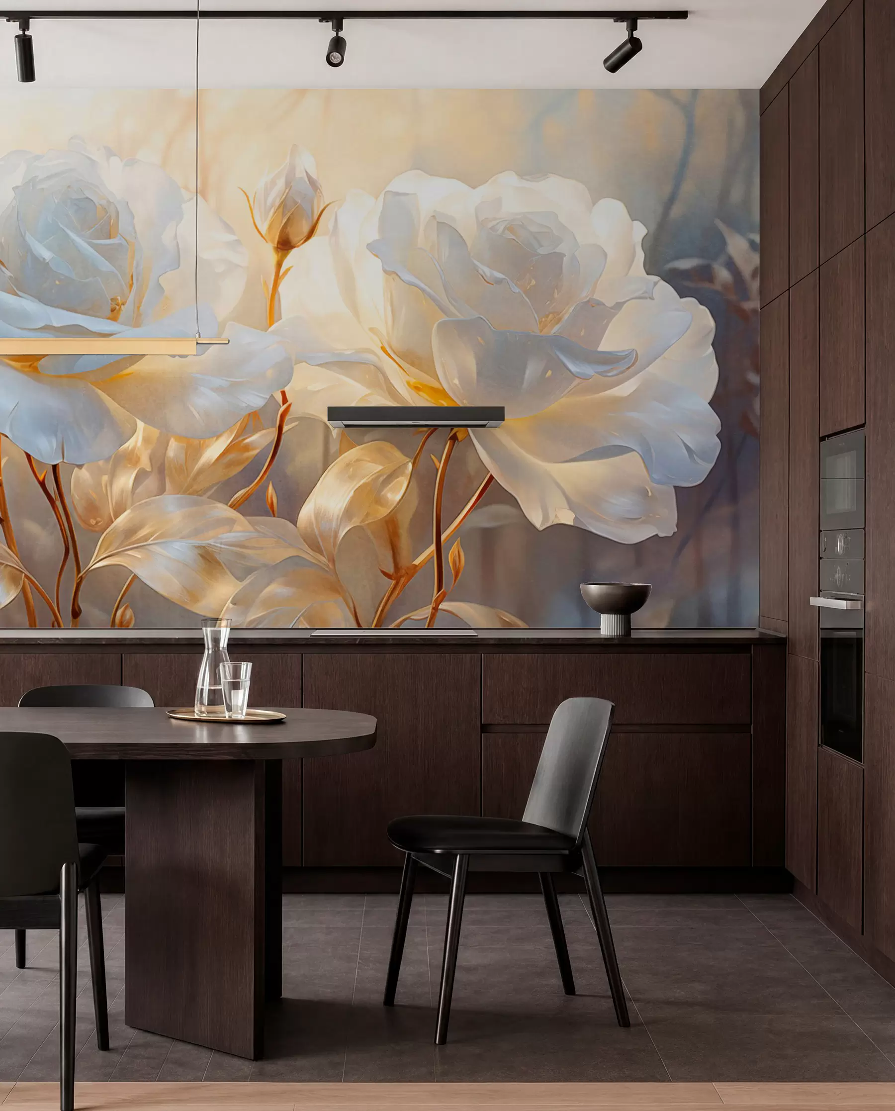murales de pared Rosas blancas texturizadas con tallos y hojas amarillas, iluminación suave, fondo claro con formas florales difuminadas w09258