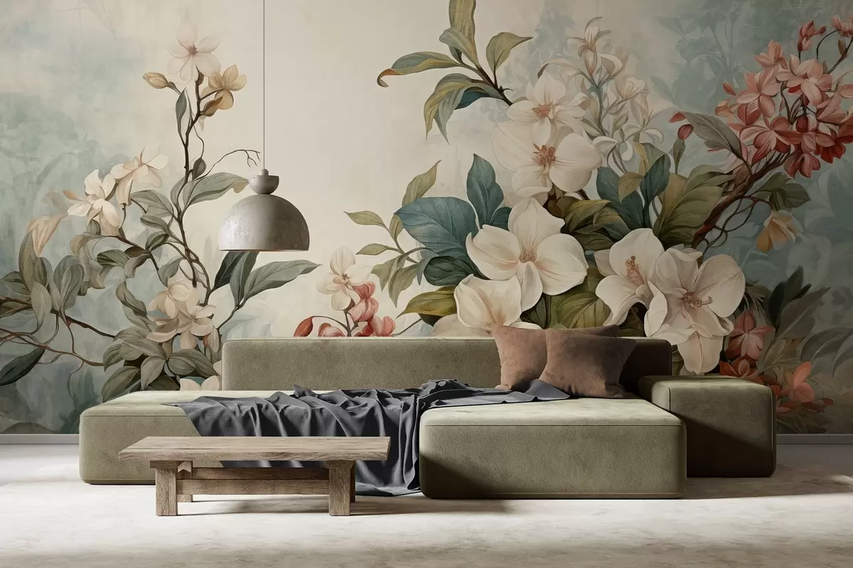 murales de pared Flores y hojas tropicales texturizadas con suaves tonos azules y verdes, delicadas pinceladas, estilo botánico vintage w09259