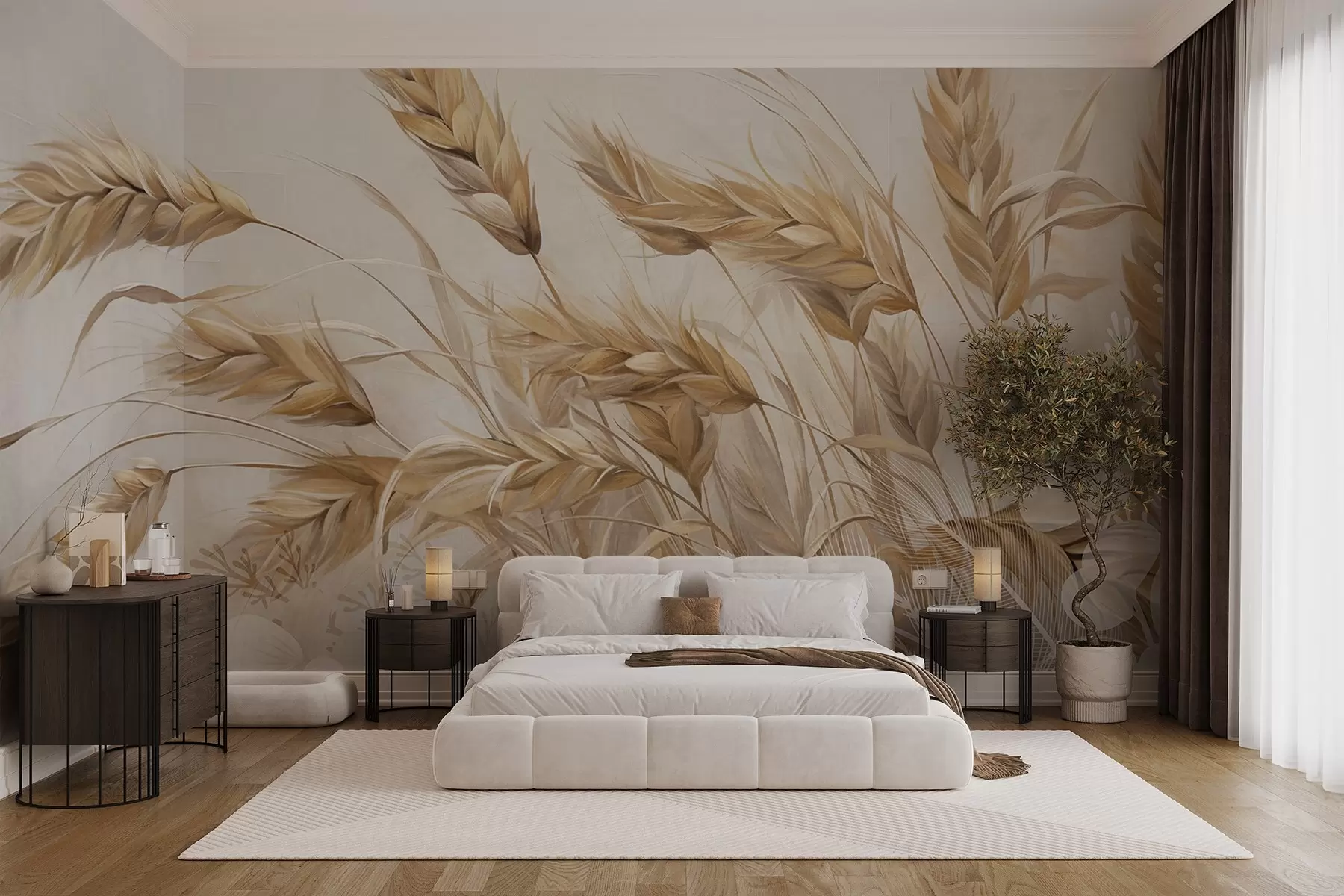 murales de pared Campo con textura de trigo y espigas beige mecidas por el viento, colores suaves y apagados que crean una sensación de calidez w09264