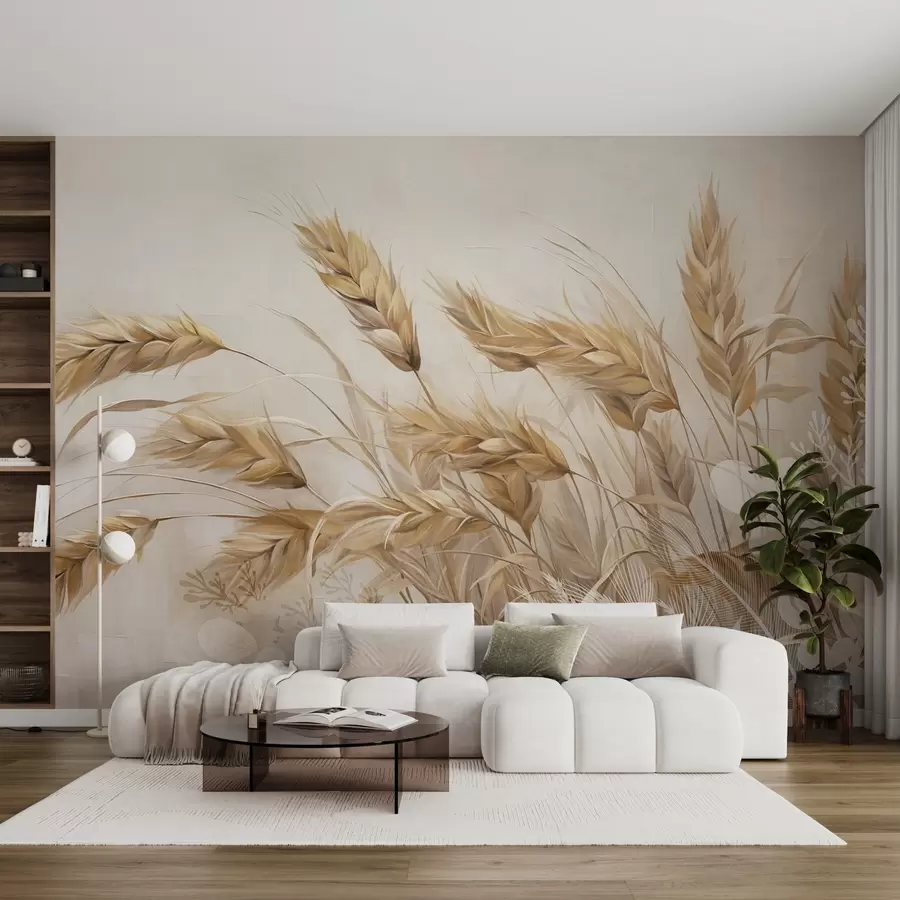 murales de pared Campo con textura de trigo y espigas beige mecidas por el viento, colores suaves y apagados que crean una sensación de calidez w09264