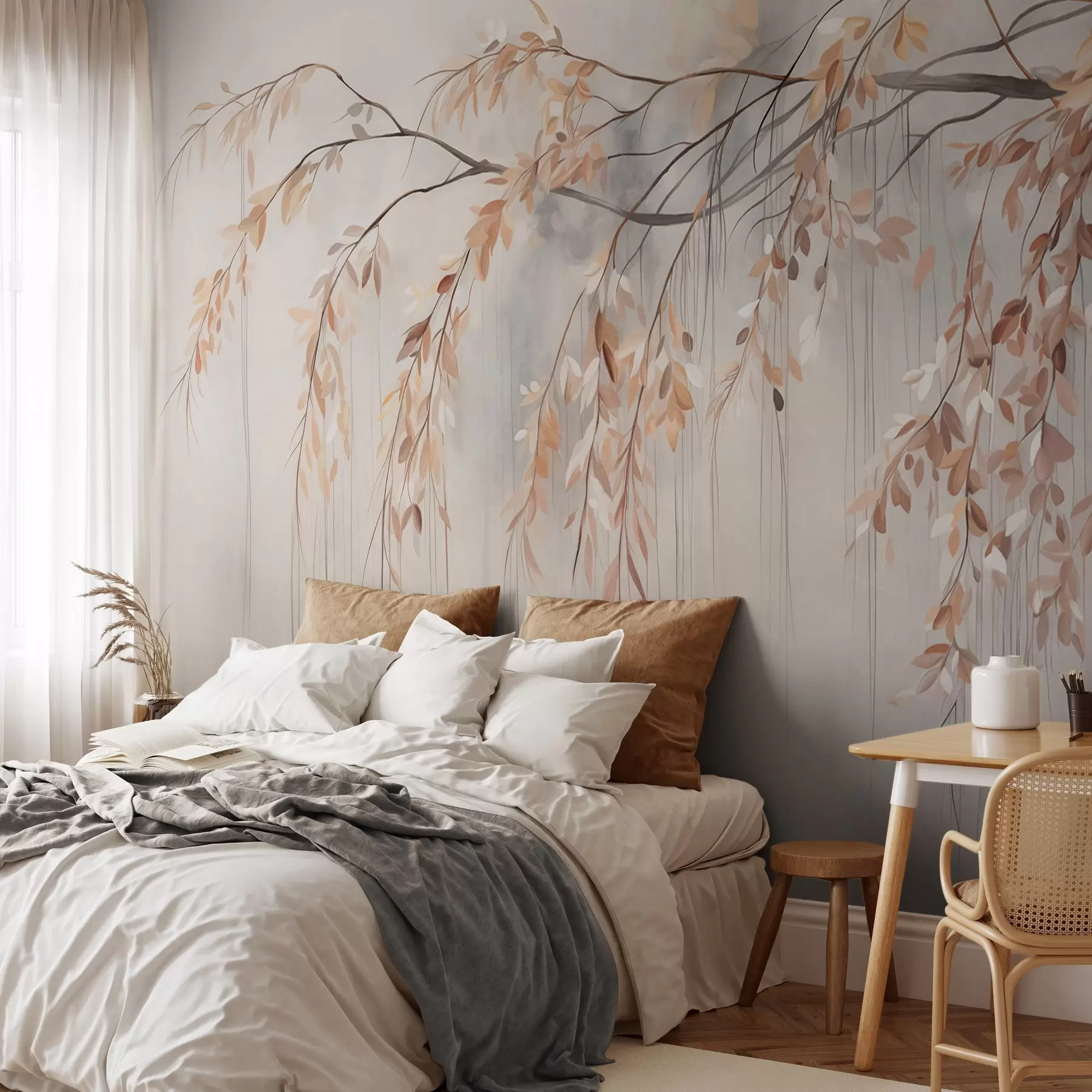 murales de pared Una rama con hojas de color naranja claro colgando, fondo gris claro con textura borrosa, estilo suave y delicado w09265
