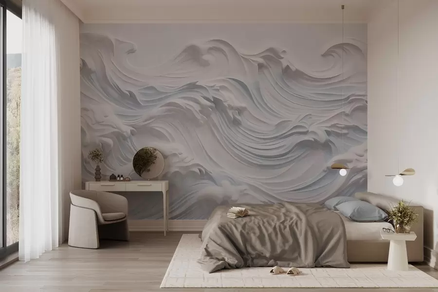 murales de pared Olas oceánicas abstractas de color blanco y azul claro con textura y espuma, que fluyen de izquierda a derecha, impresión dinámica y con textura w09266