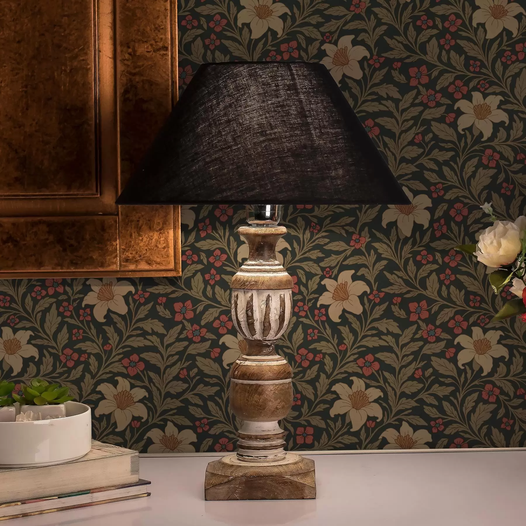 murales de pared Fondo oscuro con flores amarillas y rojas de estilo Art Nouveau a00293