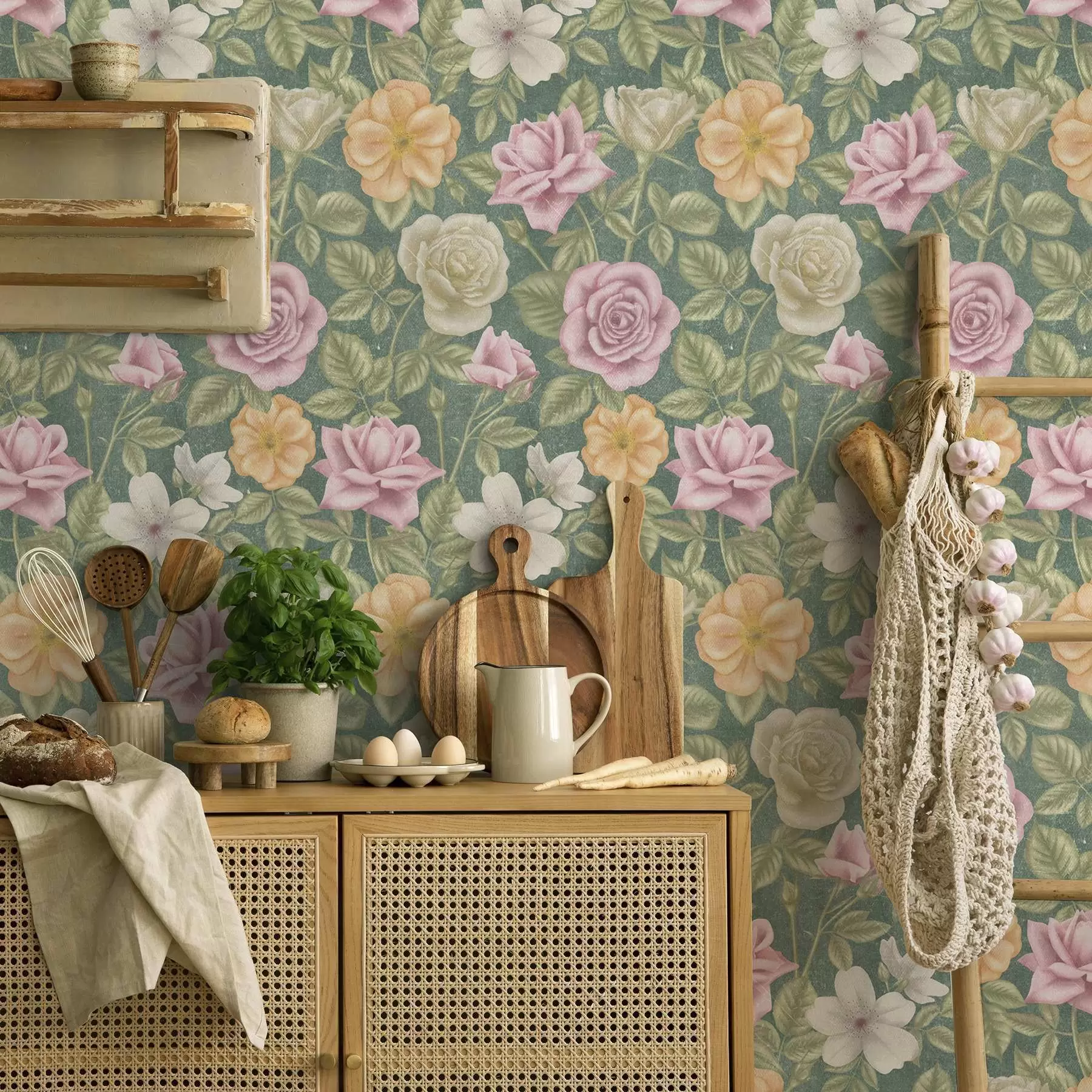 murales de pared Crema rosa y rosas amarillas sobre fondo verde a00300