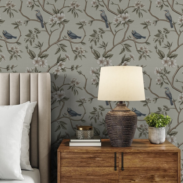 Fotomurale Papel pintado Ramas con pájaros y flores blancas sobre un fondo delicado, Papel pintado Flores y Plantas, a00303 : uwalls.com.uy