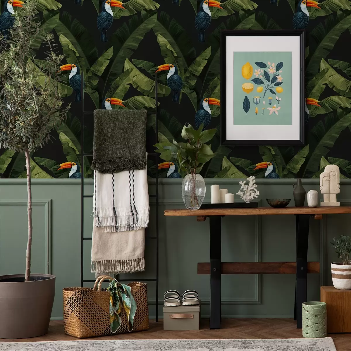 Papel pintado Tucán en hojas tropicales a00415