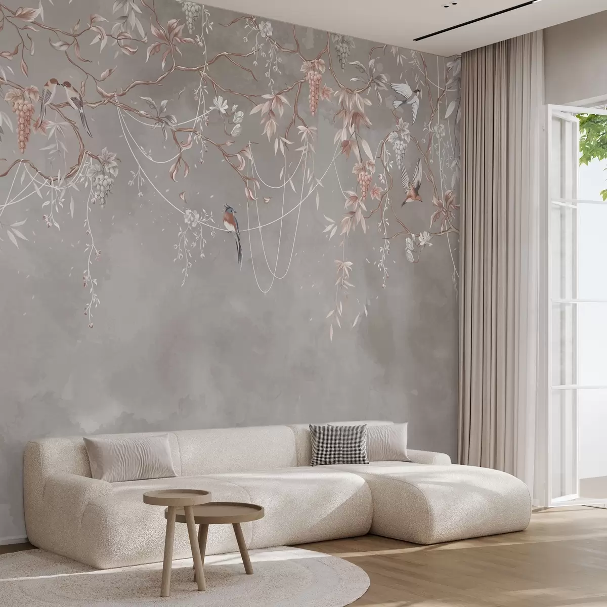 murales de pared Ramas con uvas y pájaros sobre fondo gris rosado cálido w04302