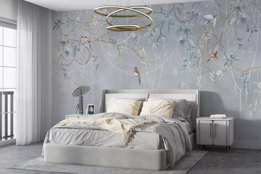 murales de pared Variante fría con fondo azul y ramas finas w04302v3