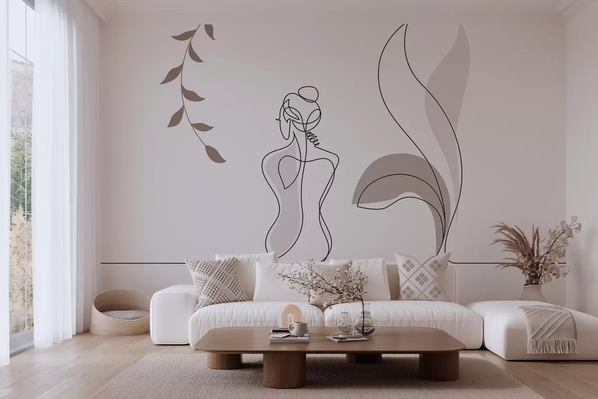 murales de pared silueta lineal de una mujer y hojas w04303