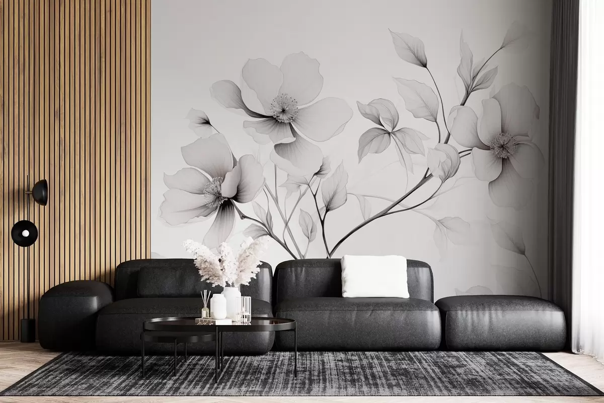 murales de pared Flores blancas y negras de líneas elegantes sobre fondo gris w09271