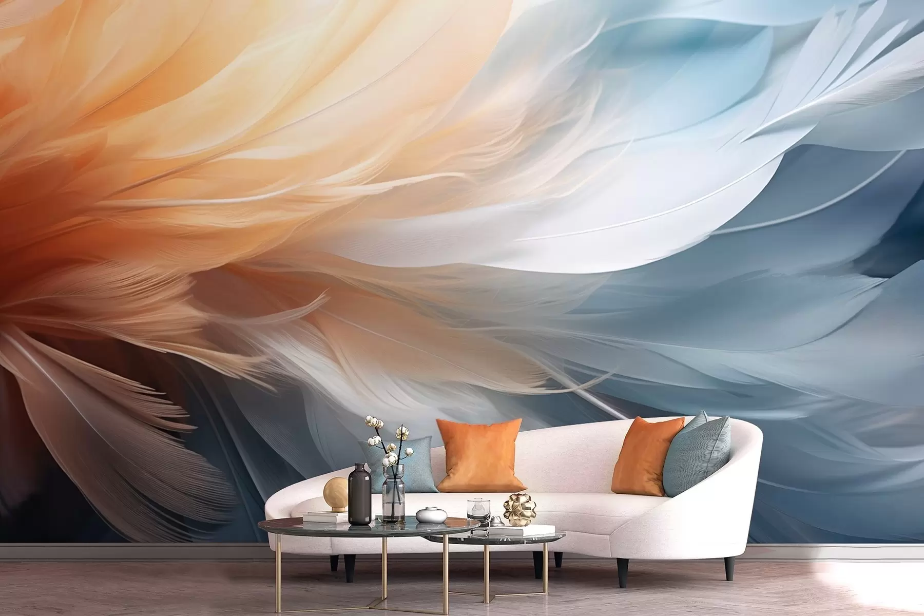 murales de pared Delicadas plumas en tonos degradados naranja y azul w09282